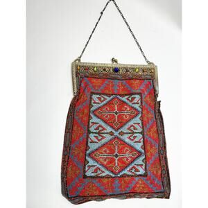 Antique Art Nouveau Edwardian French Cut Steel Hand Beaded Purse w/Jeweled Clasp